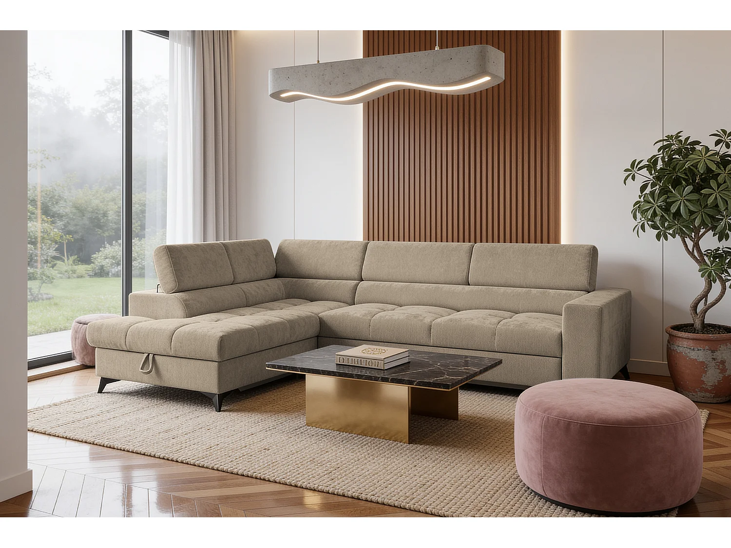Canapé d'angle gauche convertible 5 places tissu chenille taupe BEVIANO