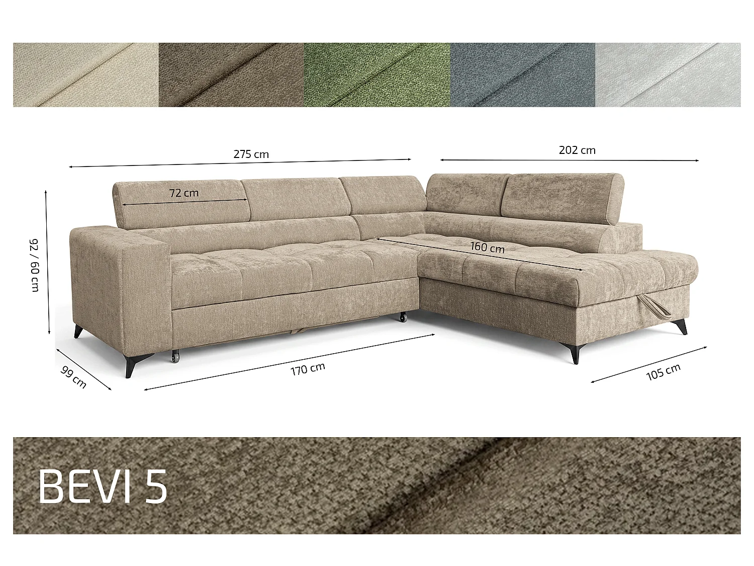 Canapé d'angle gauche convertible 5 places tissu chenille taupe BEVIANO