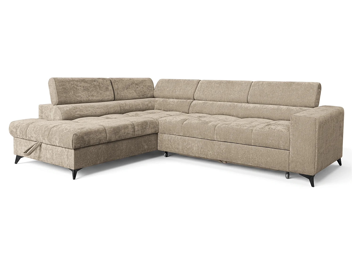 Canapé d'angle gauche convertible 5 places tissu chenille taupe BEVIANO