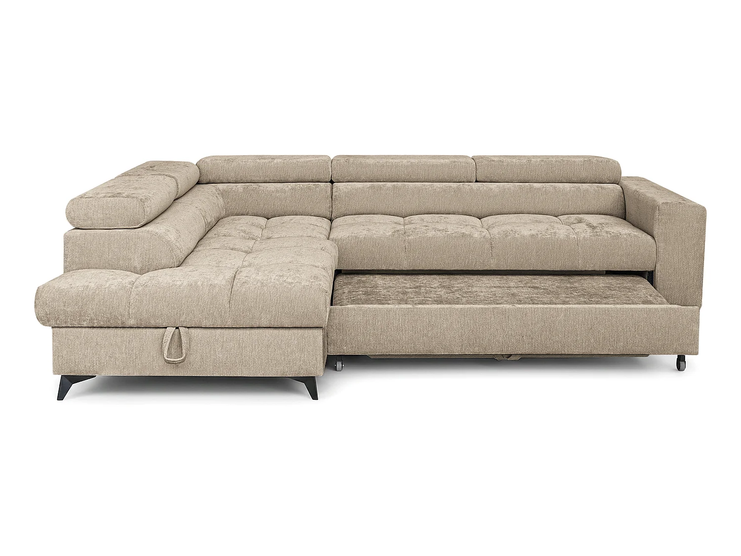 Canapé d'angle gauche convertible 5 places tissu chenille taupe BEVIANO