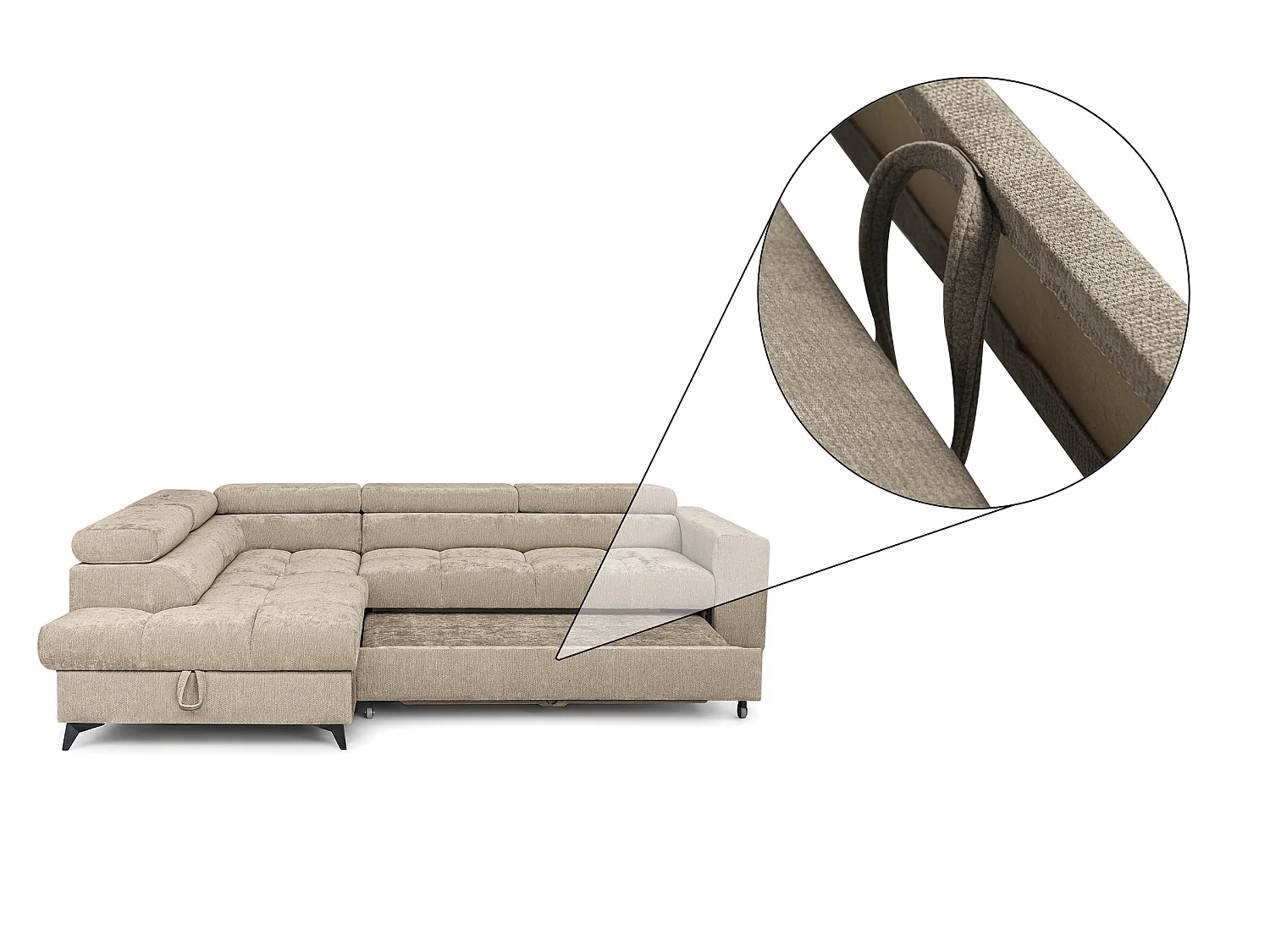 Canapé d'angle gauche convertible 5 places tissu chenille taupe BEVIANO
