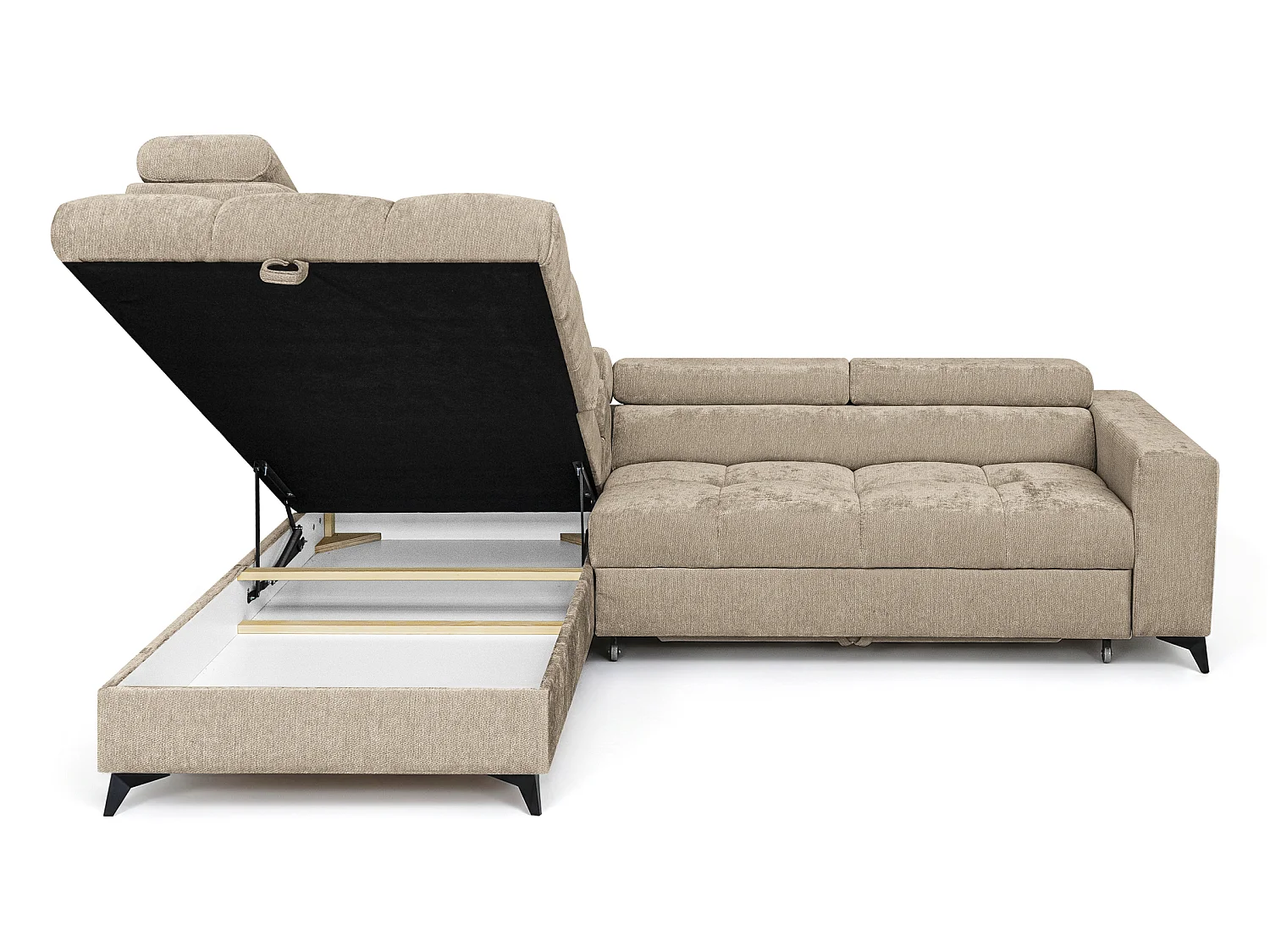 Canapé d'angle gauche convertible 5 places tissu chenille taupe BEVIANO
