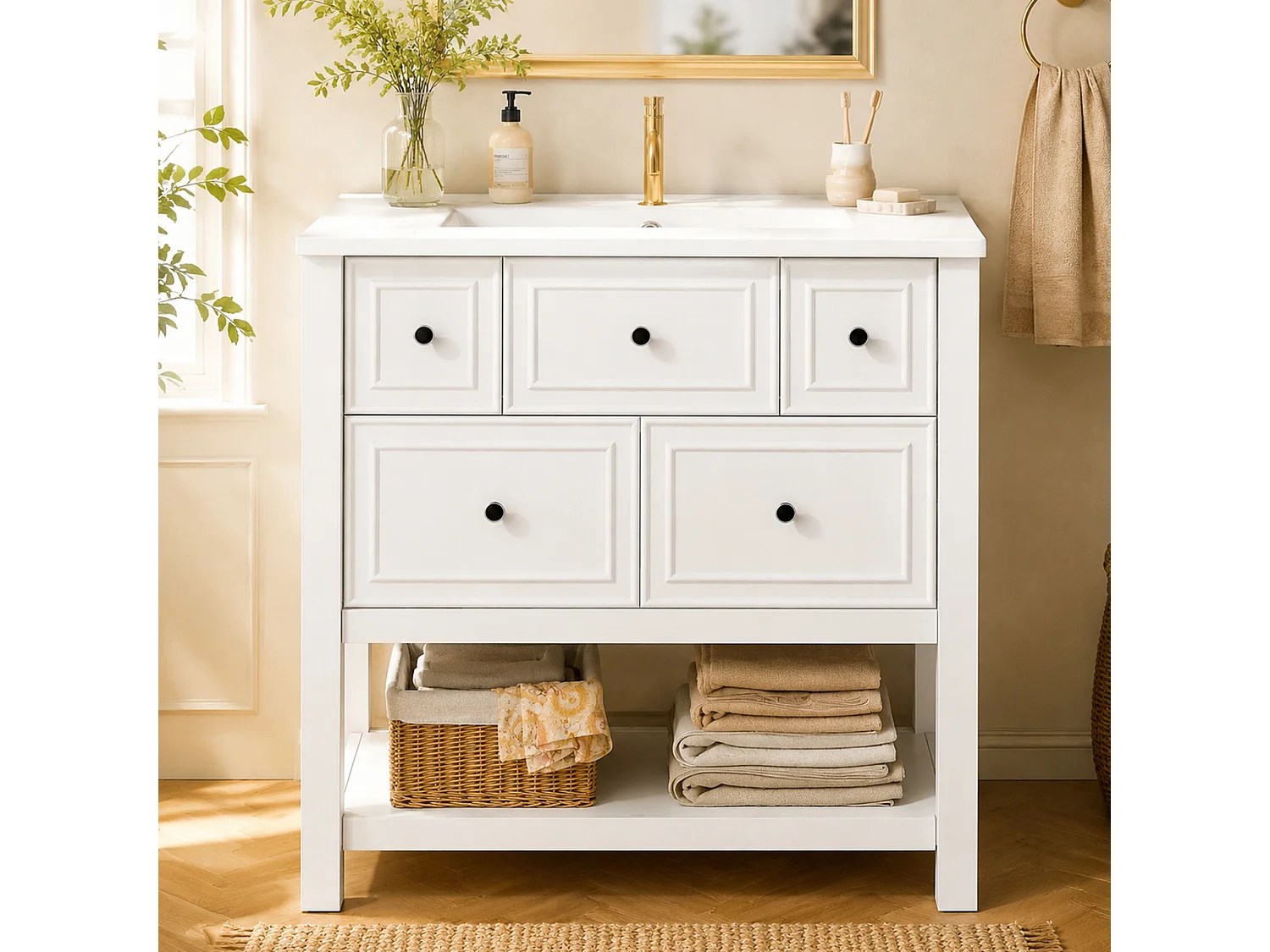 Mobile bagno con lavabo in ceramica, 5 cassetti e ripiani a giorno - MDF e ceramica - 76 x 46,5 x 82,3 cm - Bianco