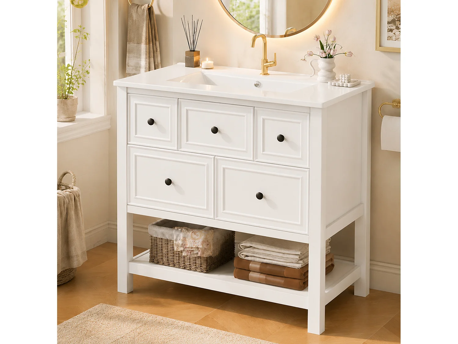 Mobile bagno con lavabo in ceramica, 5 cassetti e ripiani a giorno - MDF e ceramica - 76 x 46,5 x 82,3 cm - Bianco