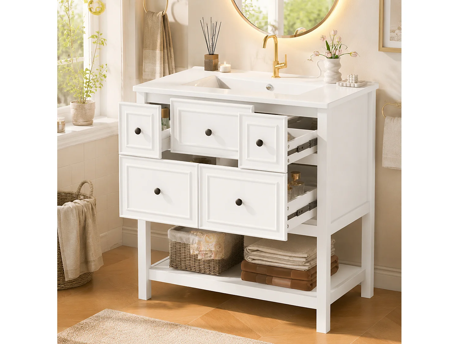 Mobile bagno con lavabo in ceramica, 5 cassetti e ripiani a giorno - MDF e ceramica - 76 x 46,5 x 82,3 cm - Bianco
