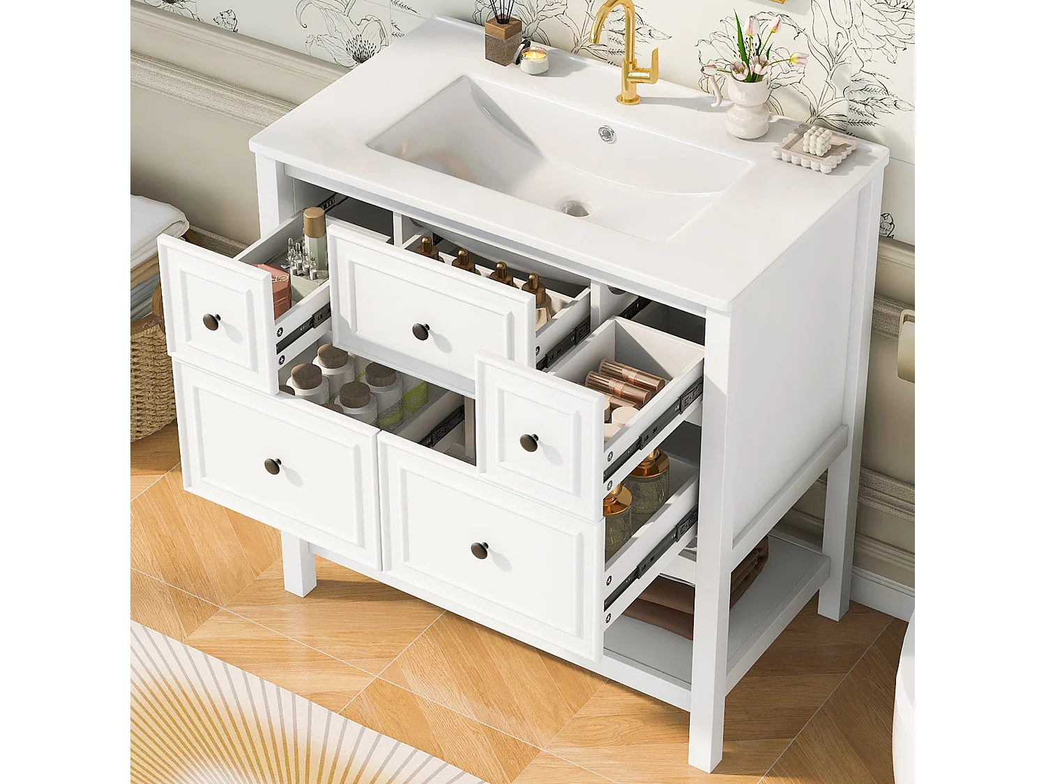 Mobile bagno con lavabo in ceramica, 5 cassetti e ripiani a giorno - MDF e ceramica - 76 x 46,5 x 82,3 cm - Bianco