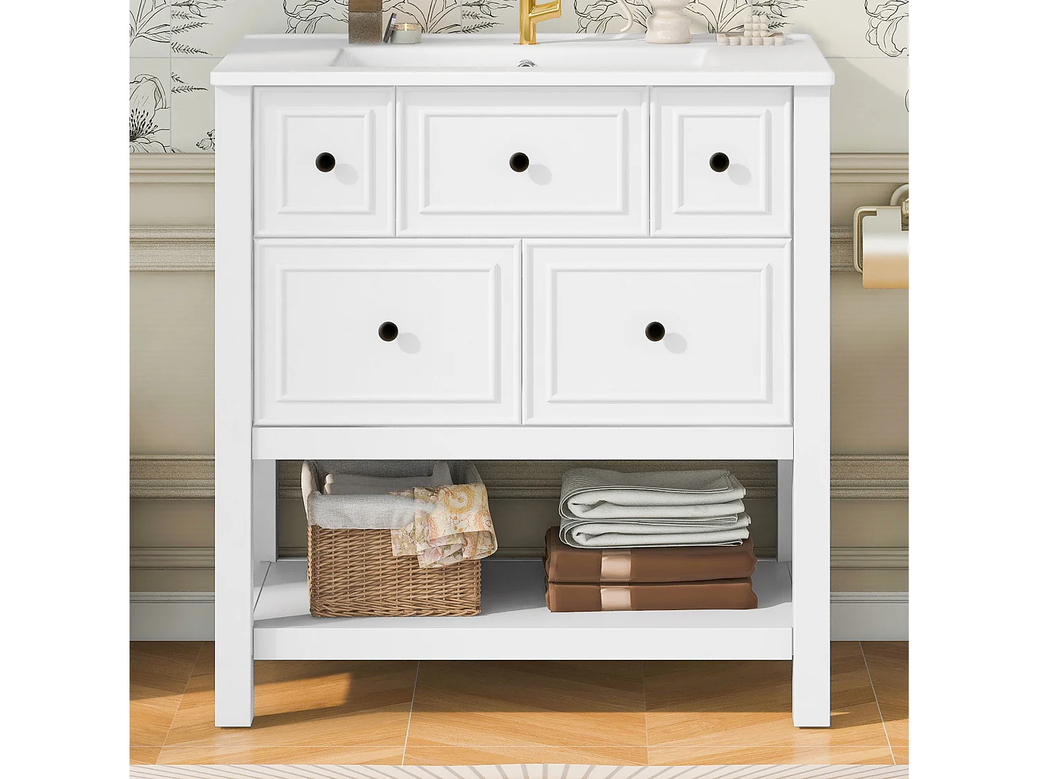 Mobile bagno con lavabo in ceramica, 5 cassetti e ripiani a giorno - MDF e ceramica - 76 x 46,5 x 82,3 cm - Bianco