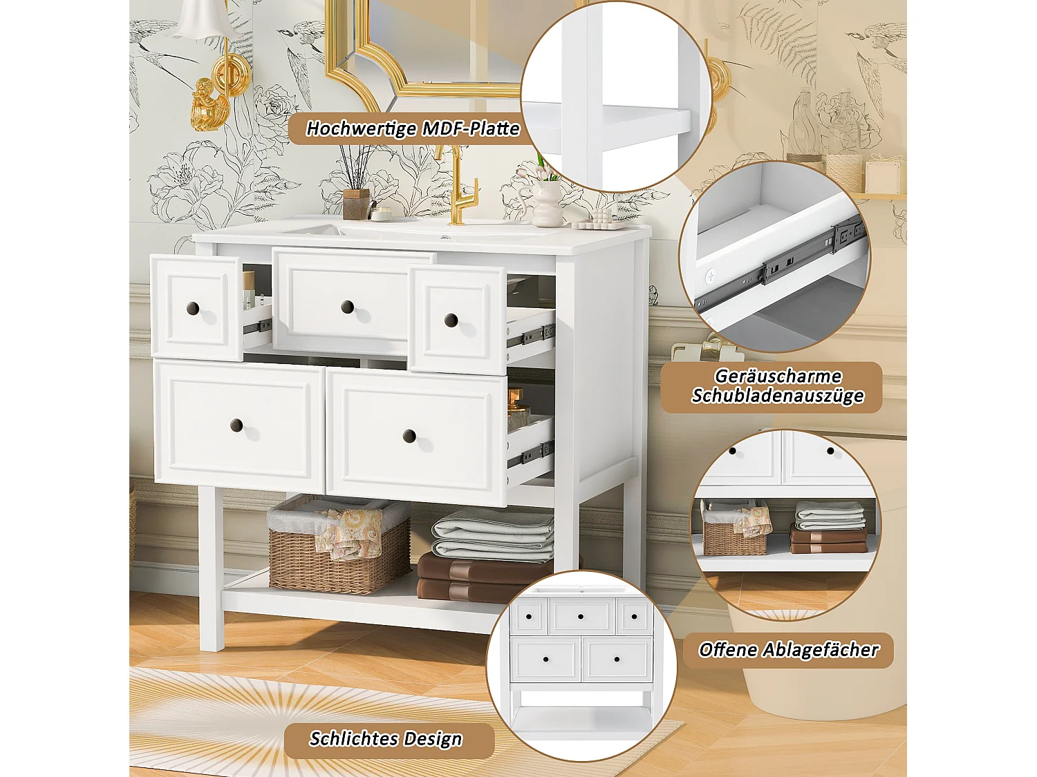 Mobile bagno con lavabo in ceramica, 5 cassetti e ripiani a giorno - MDF e ceramica - 76 x 46,5 x 82,3 cm - Bianco