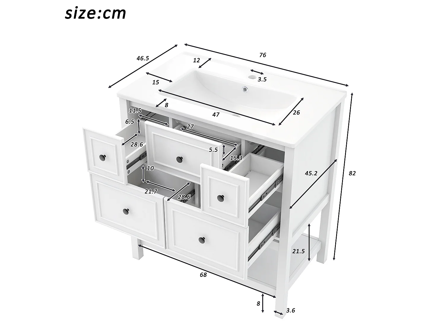 Mobile bagno con lavabo in ceramica, 5 cassetti e ripiani a giorno - MDF e ceramica - 76 x 46,5 x 82,3 cm - Bianco