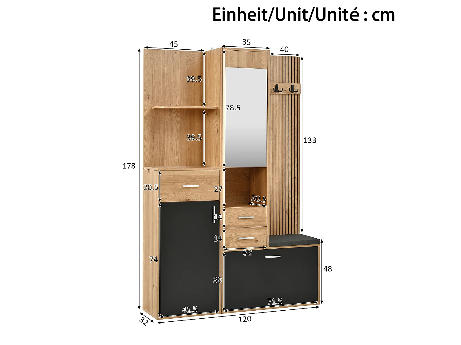 Set completo per ingresso - Mobile porta scarpe e panca - Con specchio e ganci - Con LED e 3 cassetti - Nero e naturale