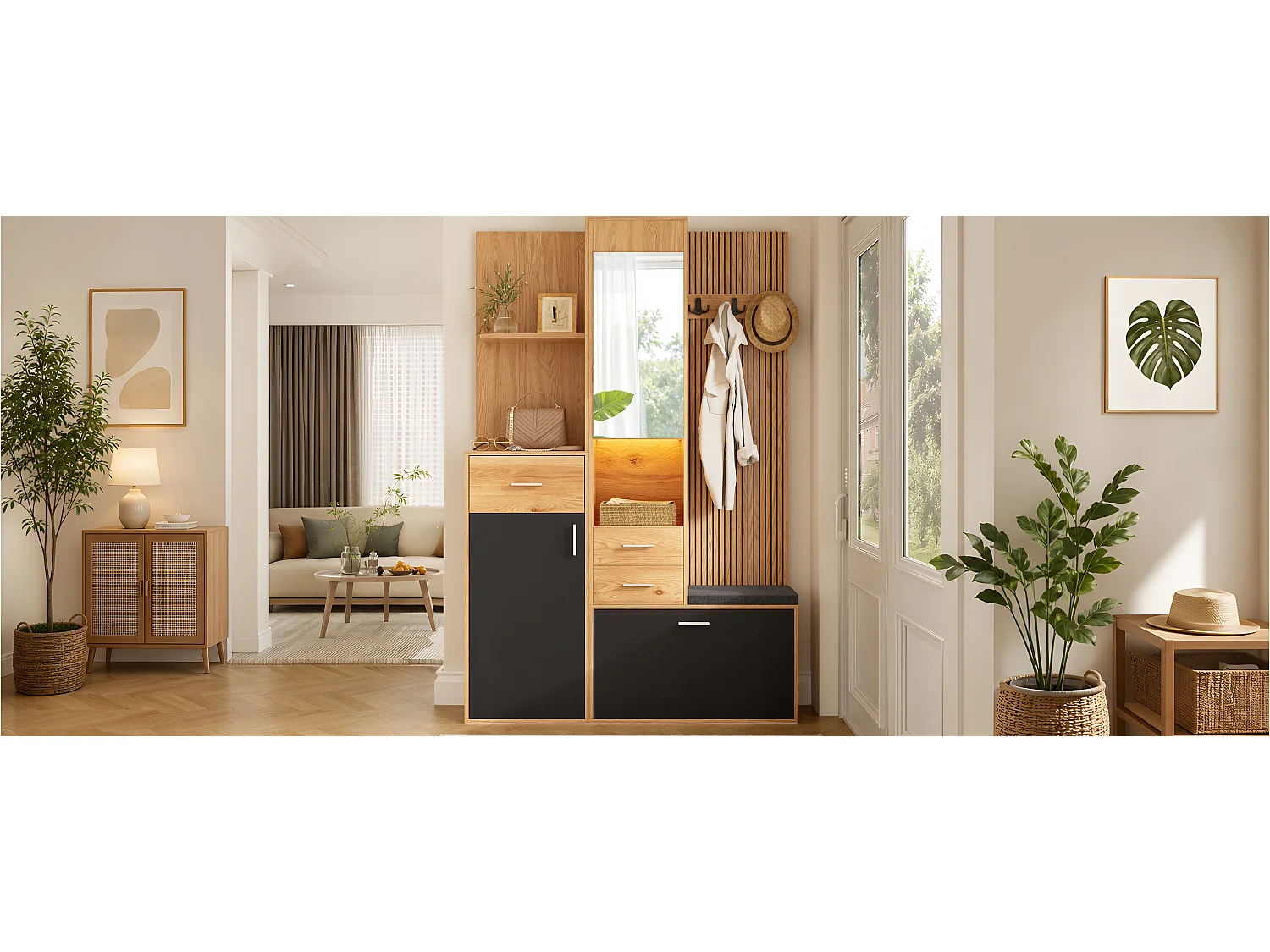 Set completo per ingresso - Mobile porta scarpe e panca - Con specchio e ganci - Con LED e 3 cassetti - Nero e naturale