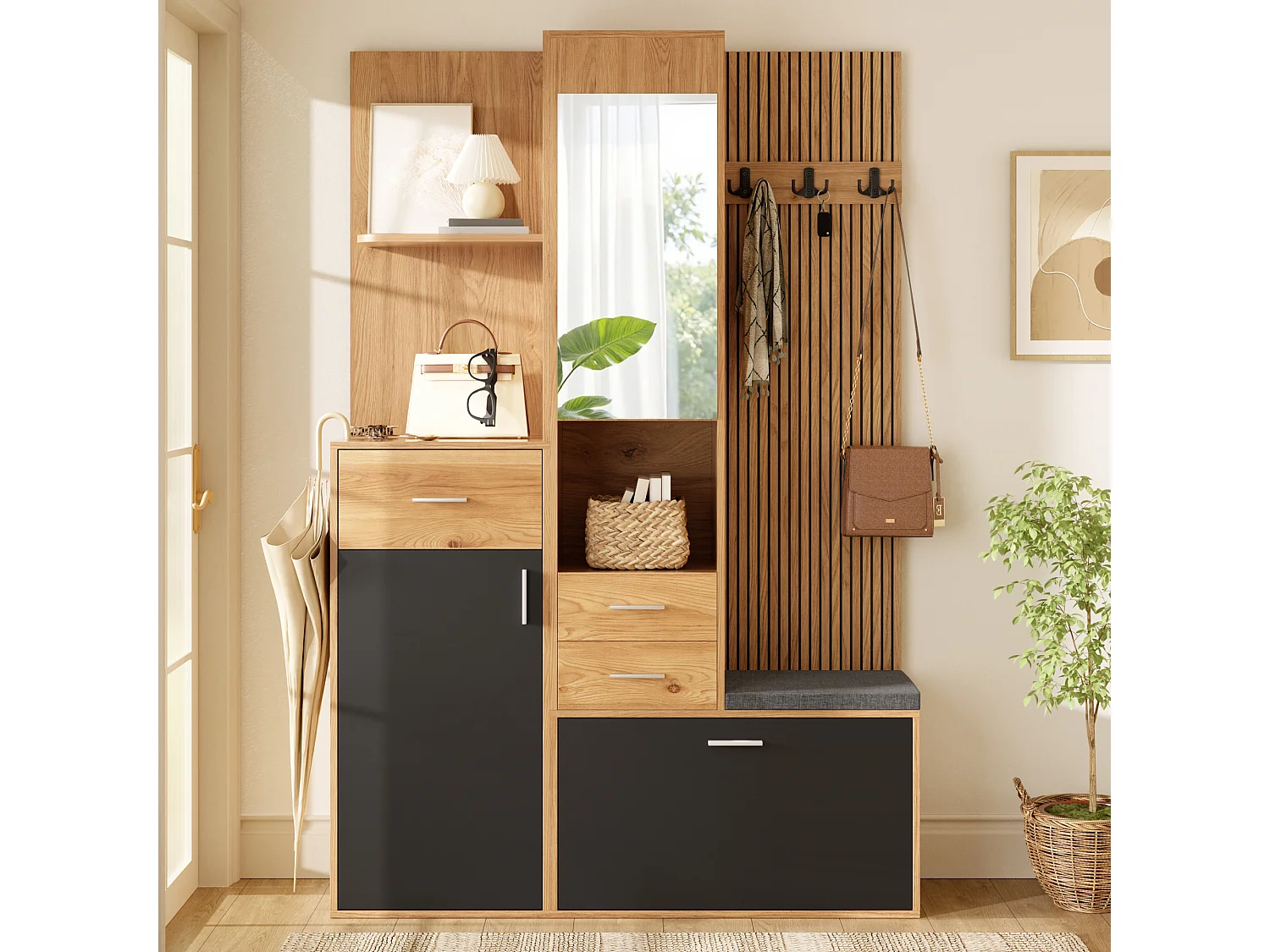 Set completo per ingresso - Mobile porta scarpe e panca - Con specchio e ganci - Con LED e 3 cassetti - Nero e naturale