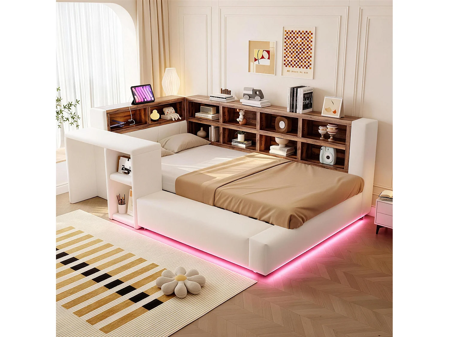 Polstret seng 90 x 200 cm - med opbevaringsrum - med LED-belysning - med integreret stikkontakt - beige (madras ikke inkluderet)