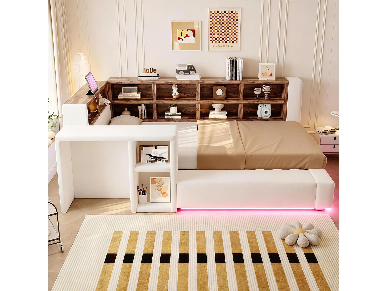 Polstret seng 90 x 200 cm - med opbevaringsrum - med LED-belysning - med integreret stikkontakt - beige (madras ikke inkluderet)