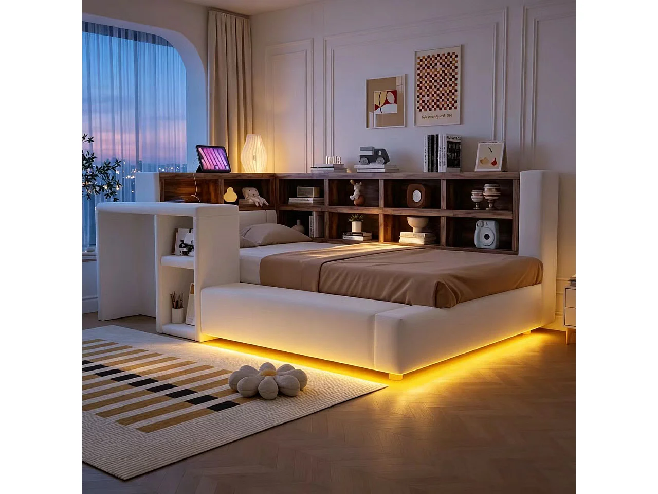 Polstret seng 90 x 200 cm - med opbevaringsrum - med LED-belysning - med integreret stikkontakt - beige (madras ikke inkluderet)