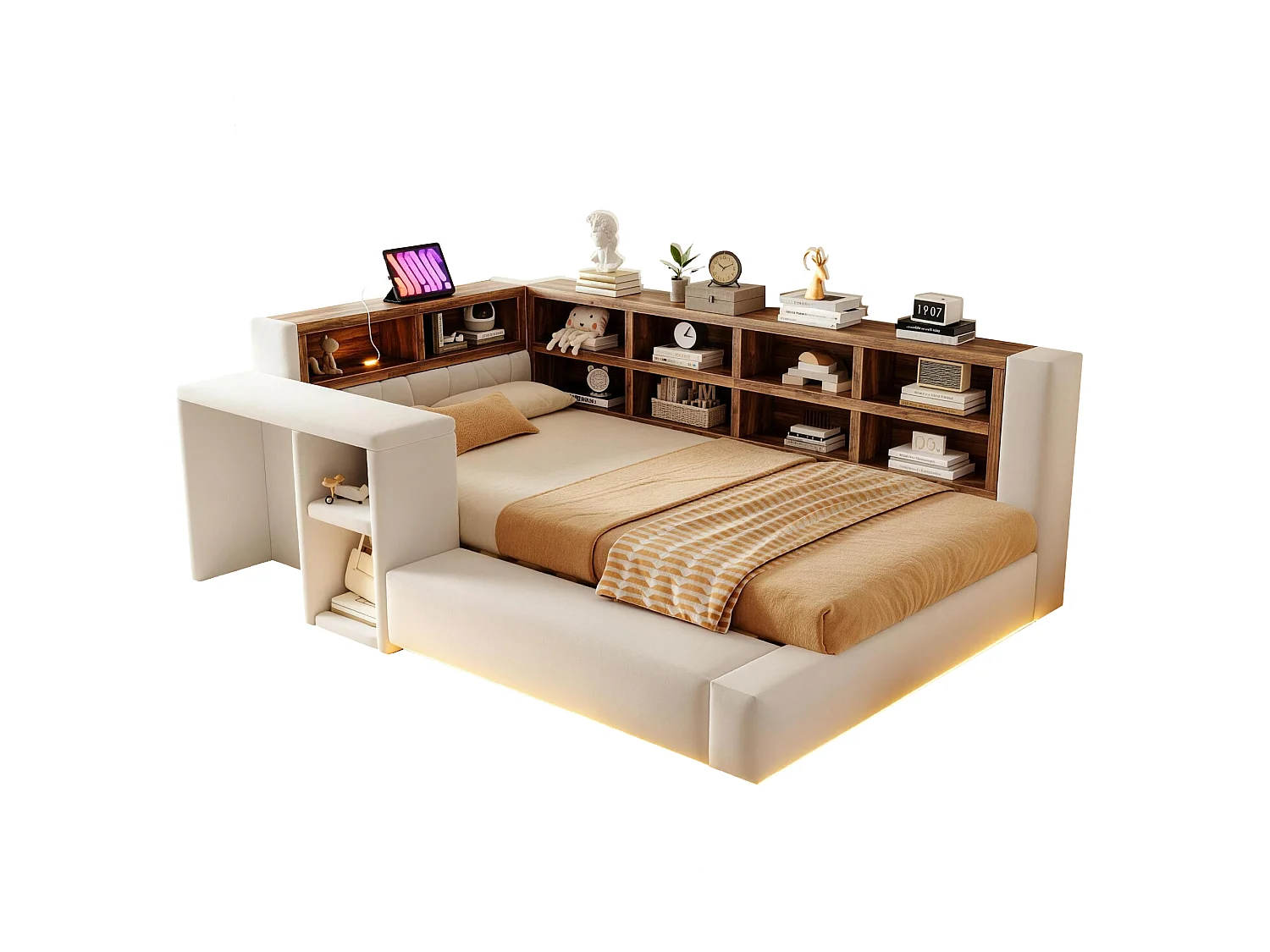 Polstret seng 90 x 200 cm - med opbevaringsrum - med LED-belysning - med integreret stikkontakt - beige (madras ikke inkluderet)