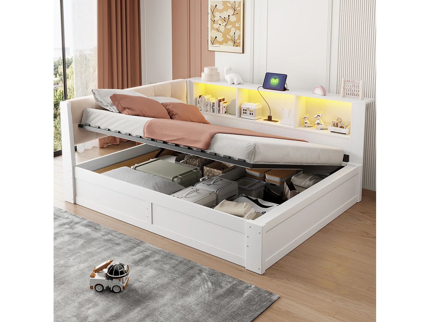 Canapé-lit coffre 140x200cm - avec bande lumineuse LED - avec étagères de rangement - avec port USB - blanc (matelas non inclus)
