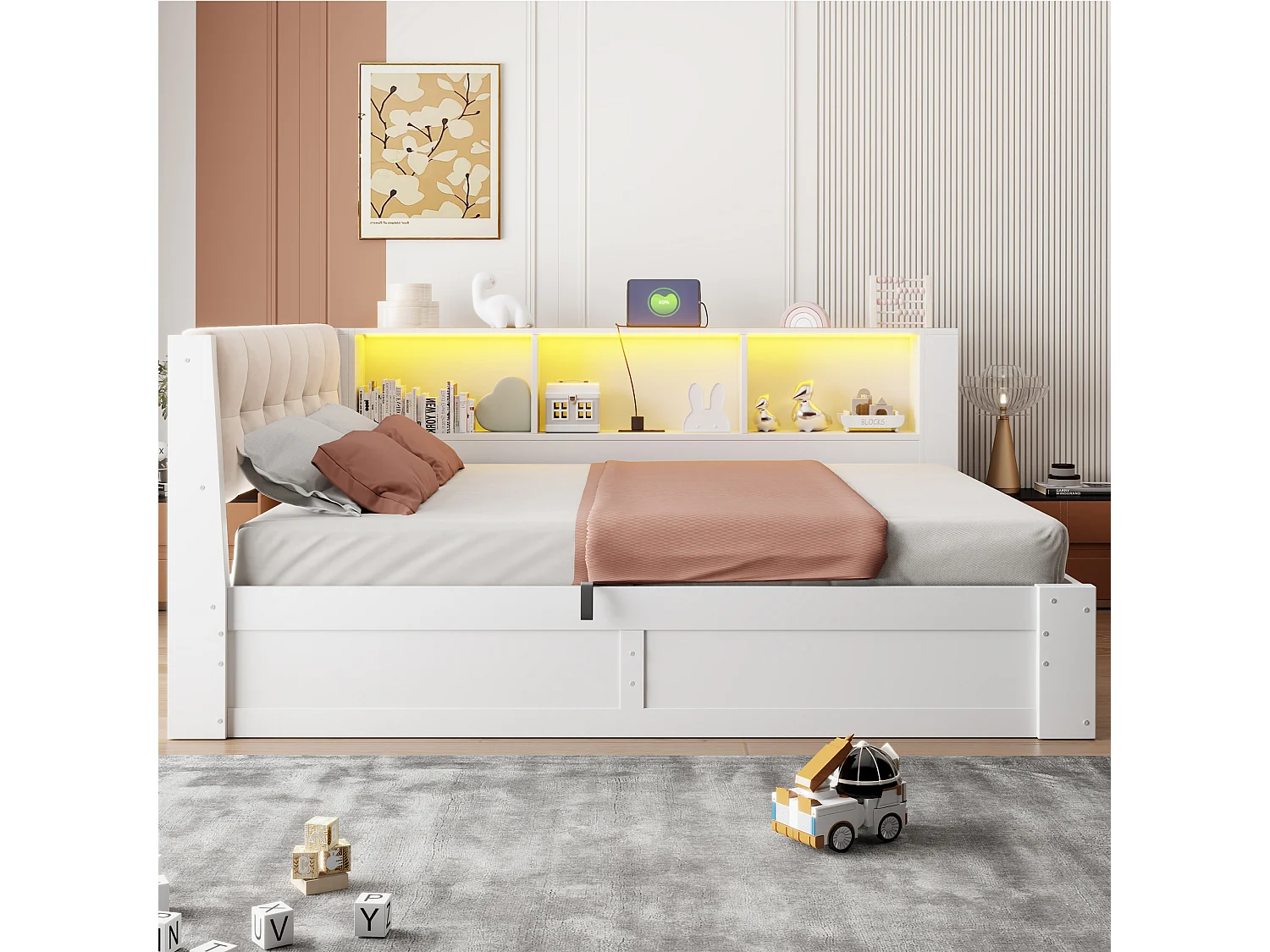 Canapé-lit coffre 140x200cm - avec bande lumineuse LED - avec étagères de rangement - avec port USB - blanc (matelas non inclus)