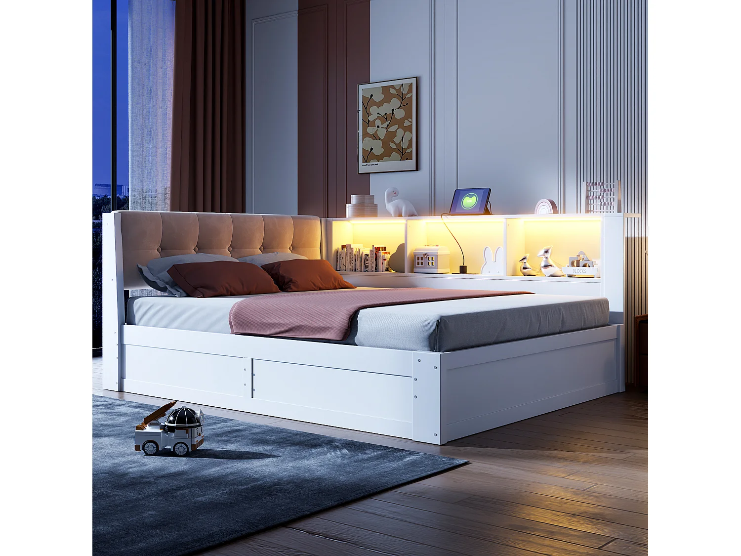 Canapé-lit coffre 140x200cm - avec bande lumineuse LED - avec étagères de rangement - avec port USB - blanc (matelas non inclus)