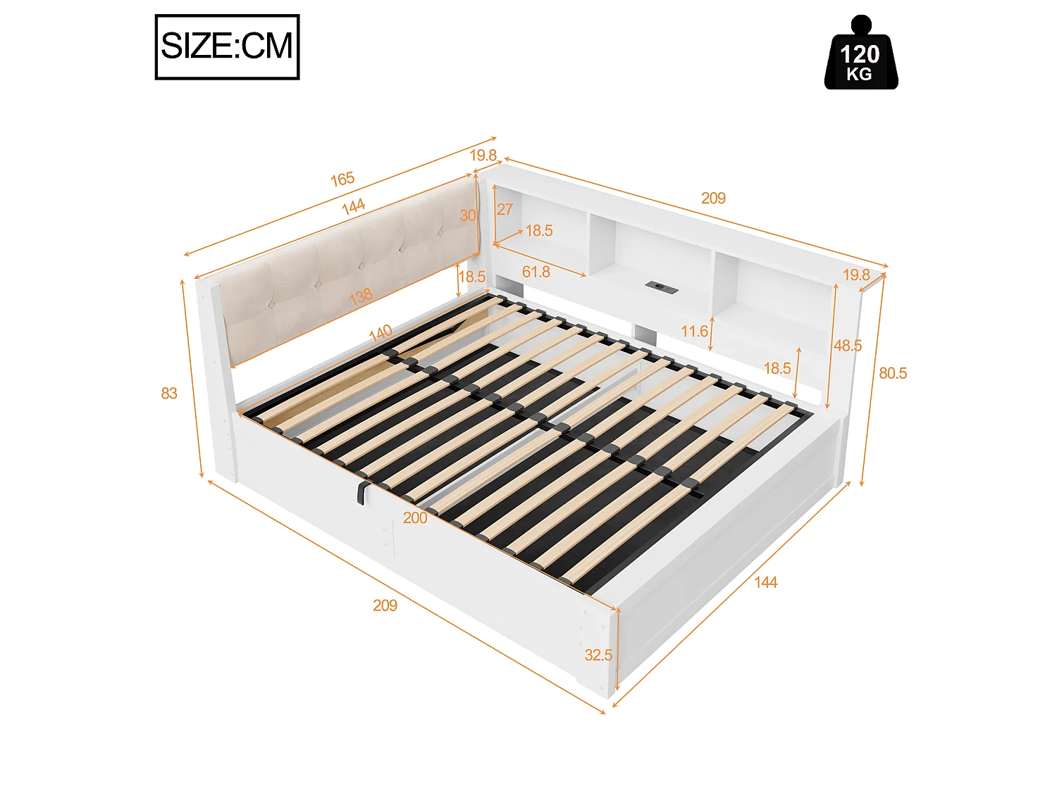 Canapé-lit coffre 140x200cm - avec bande lumineuse LED - avec étagères de rangement - avec port USB - blanc (matelas non inclus)