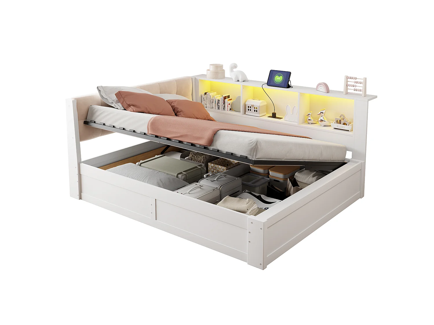Canapé-lit coffre 140x200cm - avec bande lumineuse LED - avec étagères de rangement - avec port USB - blanc (matelas non inclus)