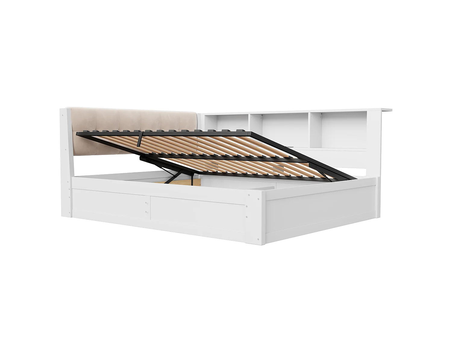 Canapé-lit coffre 140x200cm - avec bande lumineuse LED - avec étagères de rangement - avec port USB - blanc (matelas non inclus)