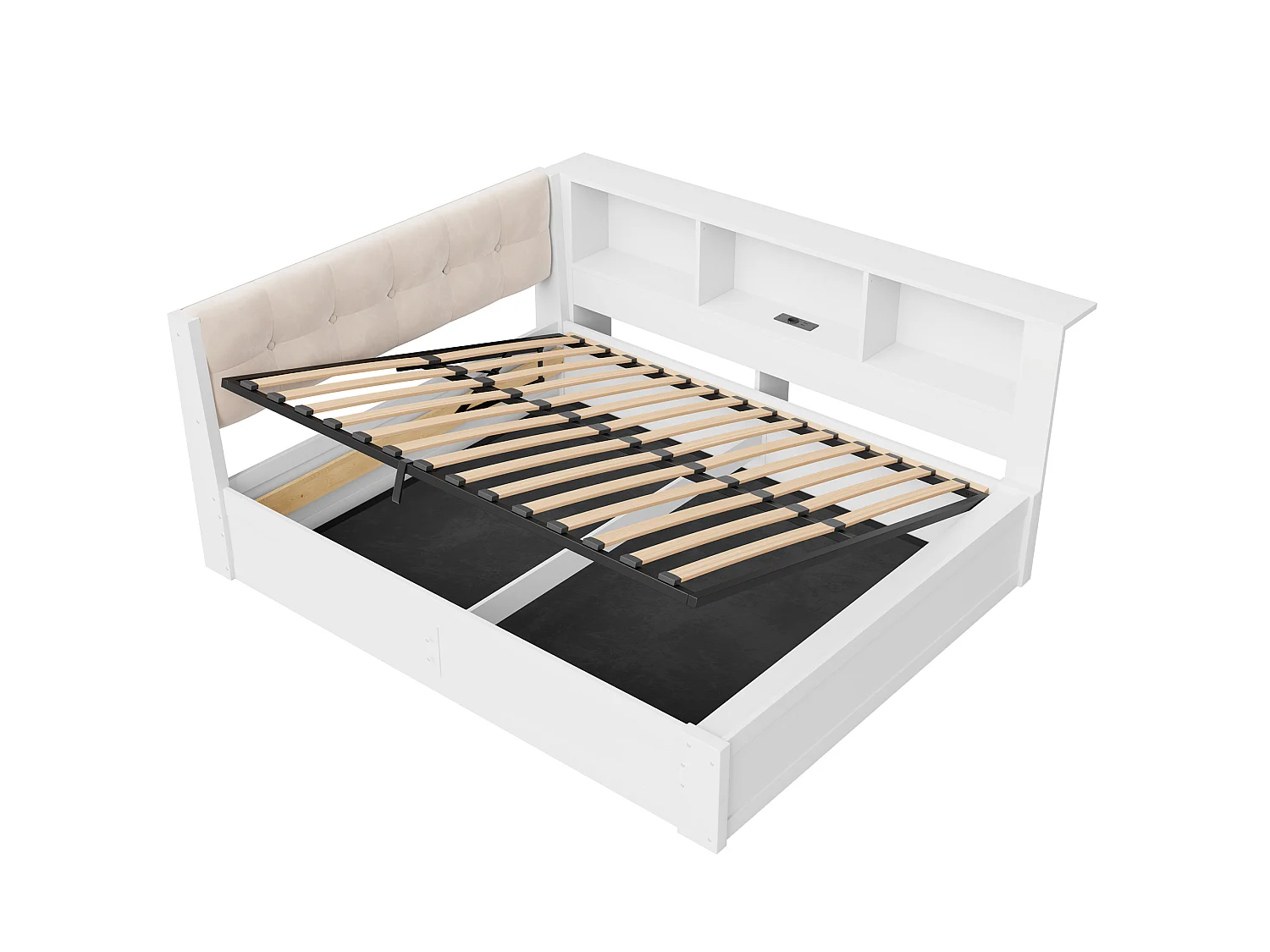 Canapé-lit coffre 140x200cm - avec bande lumineuse LED - avec étagères de rangement - avec port USB - blanc (matelas non inclus)