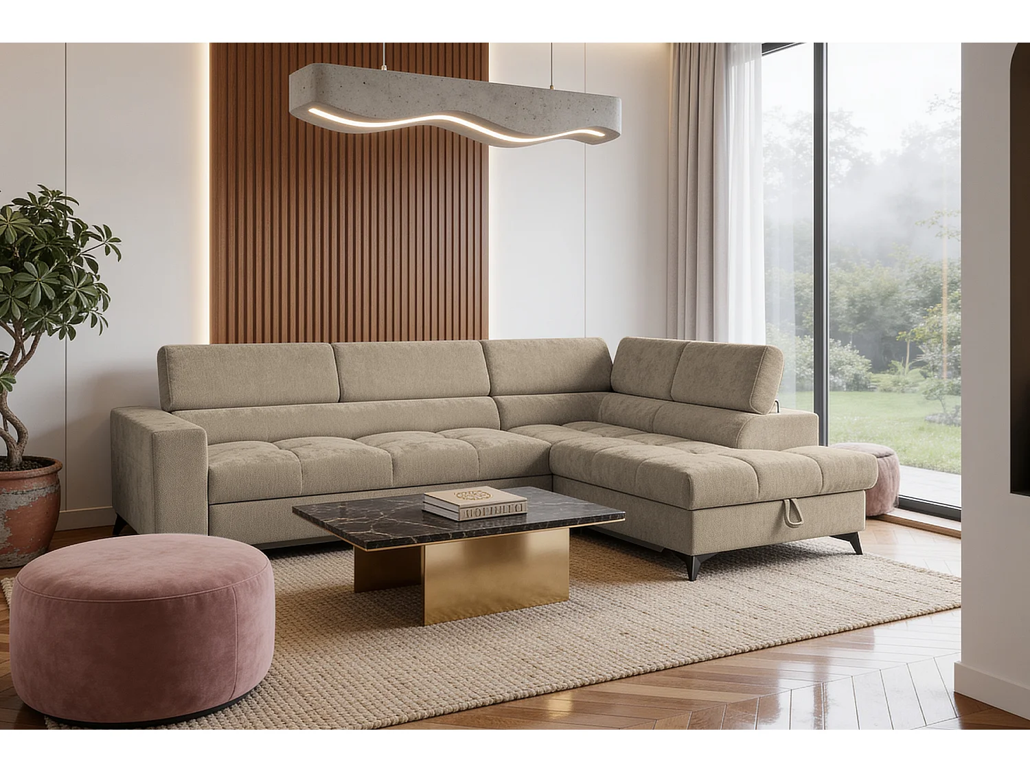 Canapé d'angle droit convertible 5 places tissu chenille taupe BEVIANO