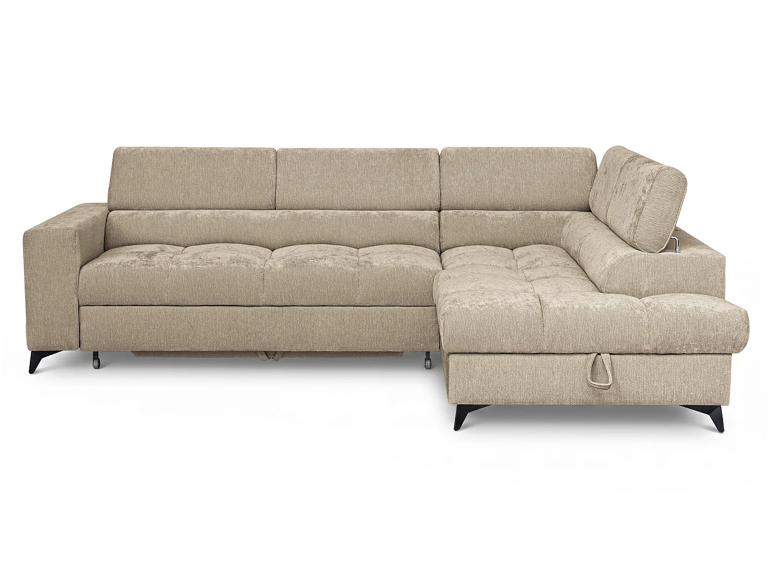 Canapé d'angle droit convertible 5 places tissu chenille taupe BEVIANO