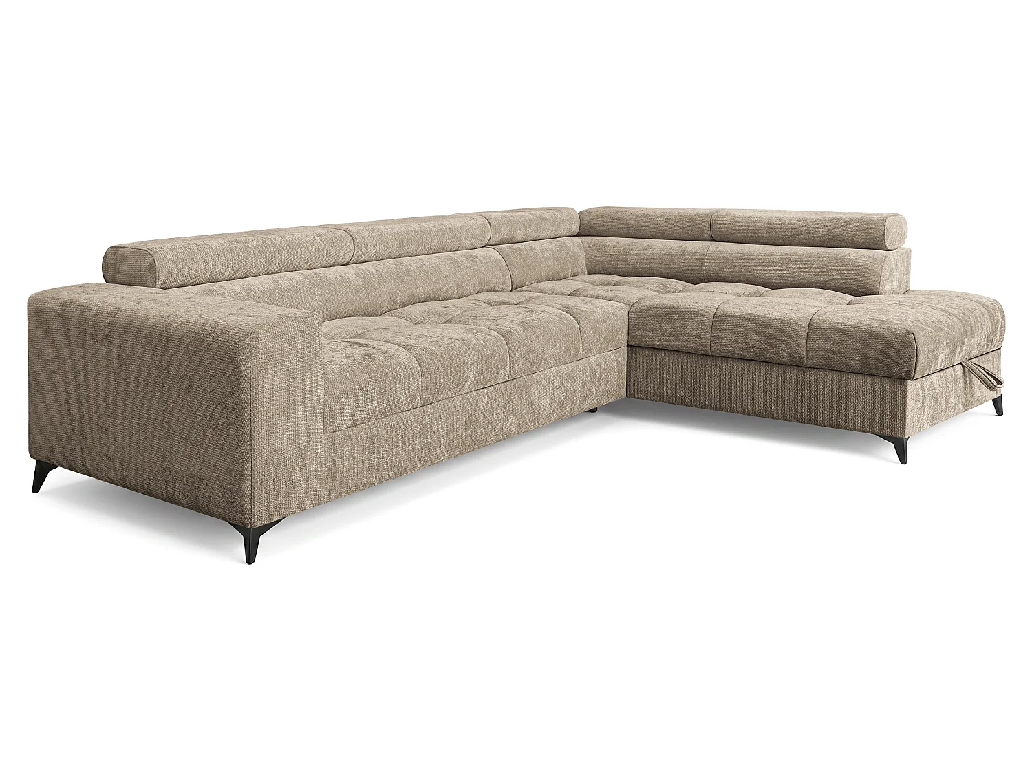 Canapé d'angle droit convertible 5 places tissu chenille taupe BEVIANO