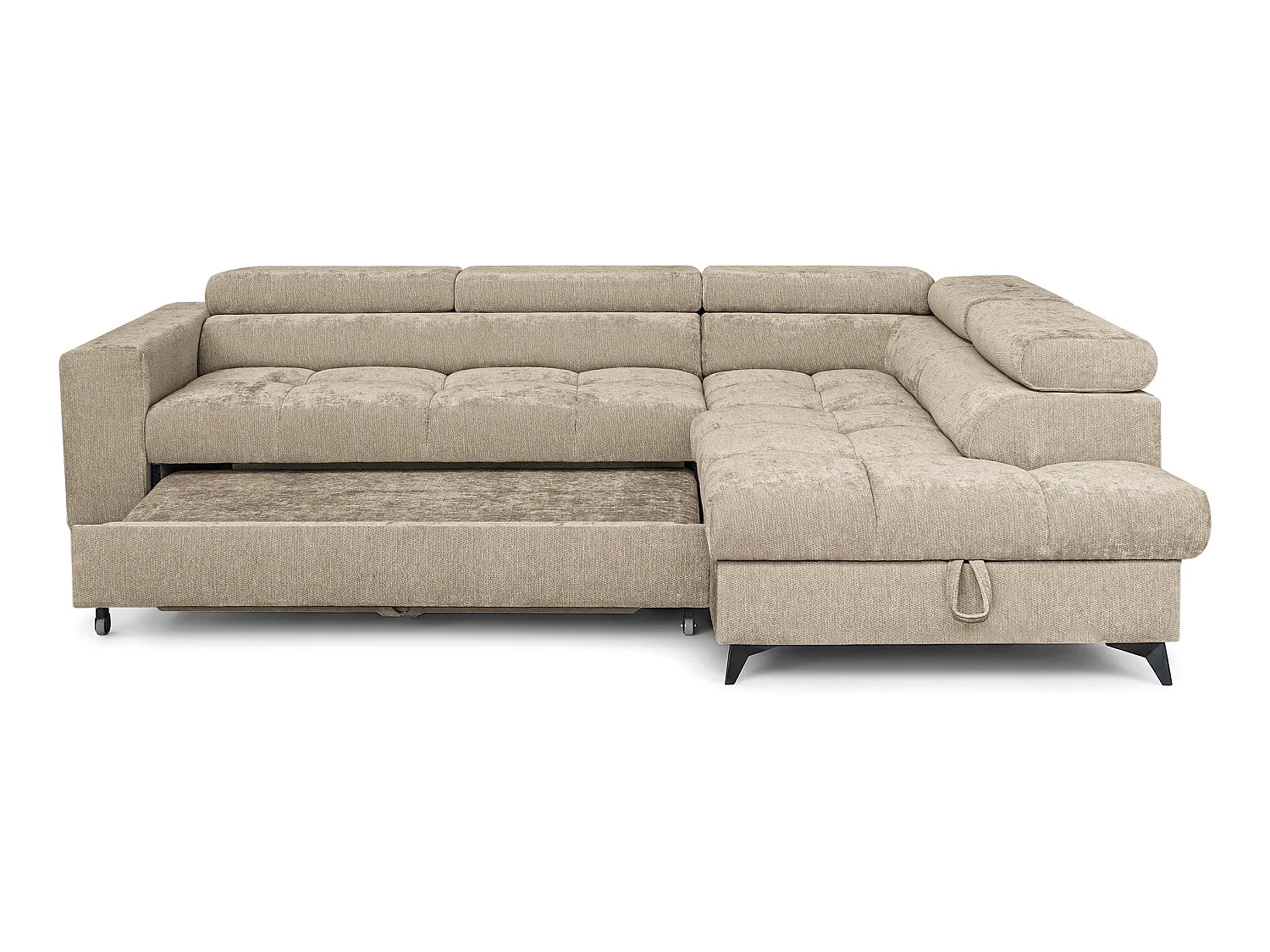Canapé d'angle droit convertible 5 places tissu chenille taupe BEVIANO