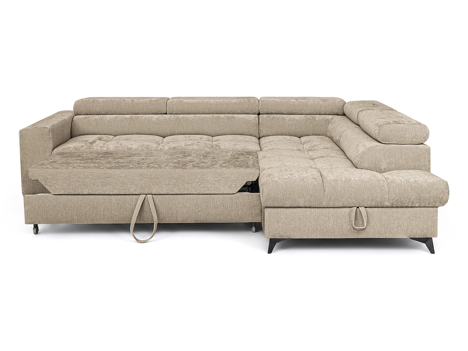 Canapé d'angle droit convertible 5 places tissu chenille taupe BEVIANO