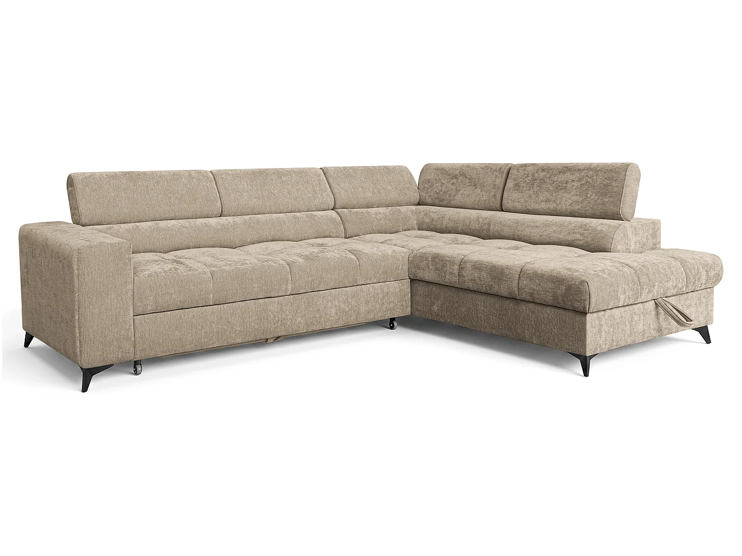 Canapé d'angle droit convertible 5 places tissu chenille taupe BEVIANO