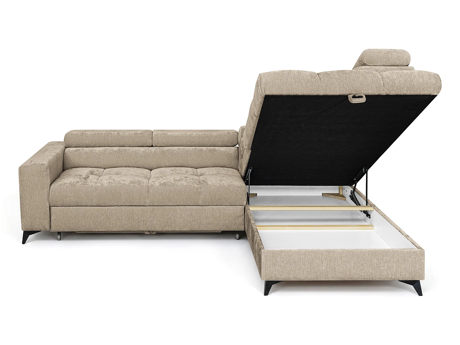 Canapé d'angle droit convertible 5 places tissu chenille taupe BEVIANO