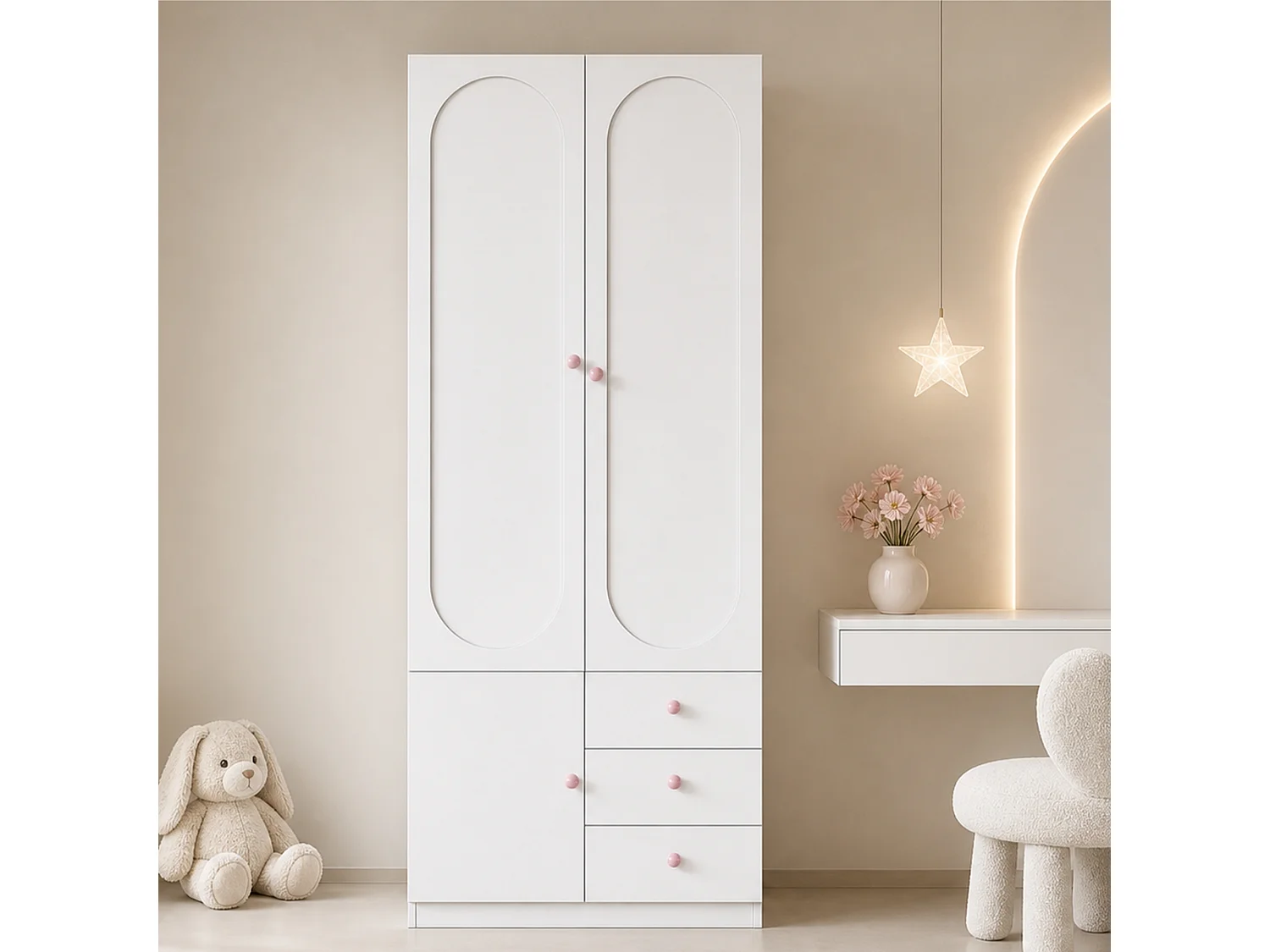 Armoire enfant 80x50x200 cm - Avec penderie - 3 portes et 3 tiroirs - Poignées en céramique rose - Finition laquée - Blanc