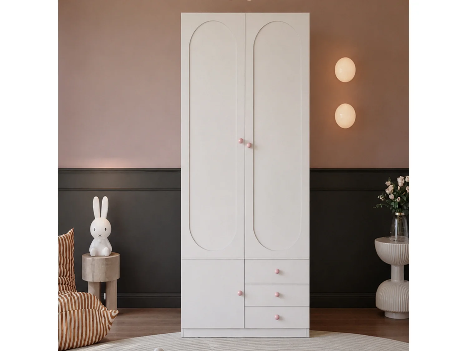 Armoire enfant 80x50x200 cm - Avec penderie - 3 portes et 3 tiroirs - Poignées en céramique rose - Finition laquée - Blanc