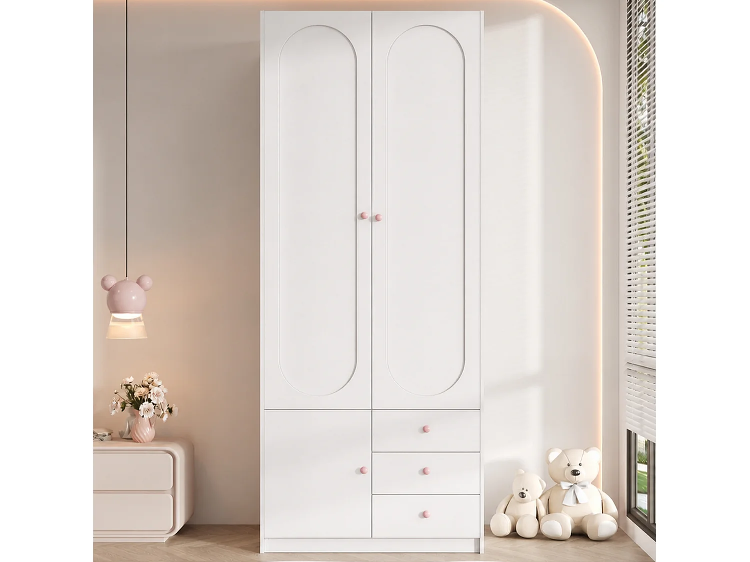 Armoire enfant 80x50x200 cm - Avec penderie - 3 portes et 3 tiroirs - Poignées en céramique rose - Finition laquée - Blanc