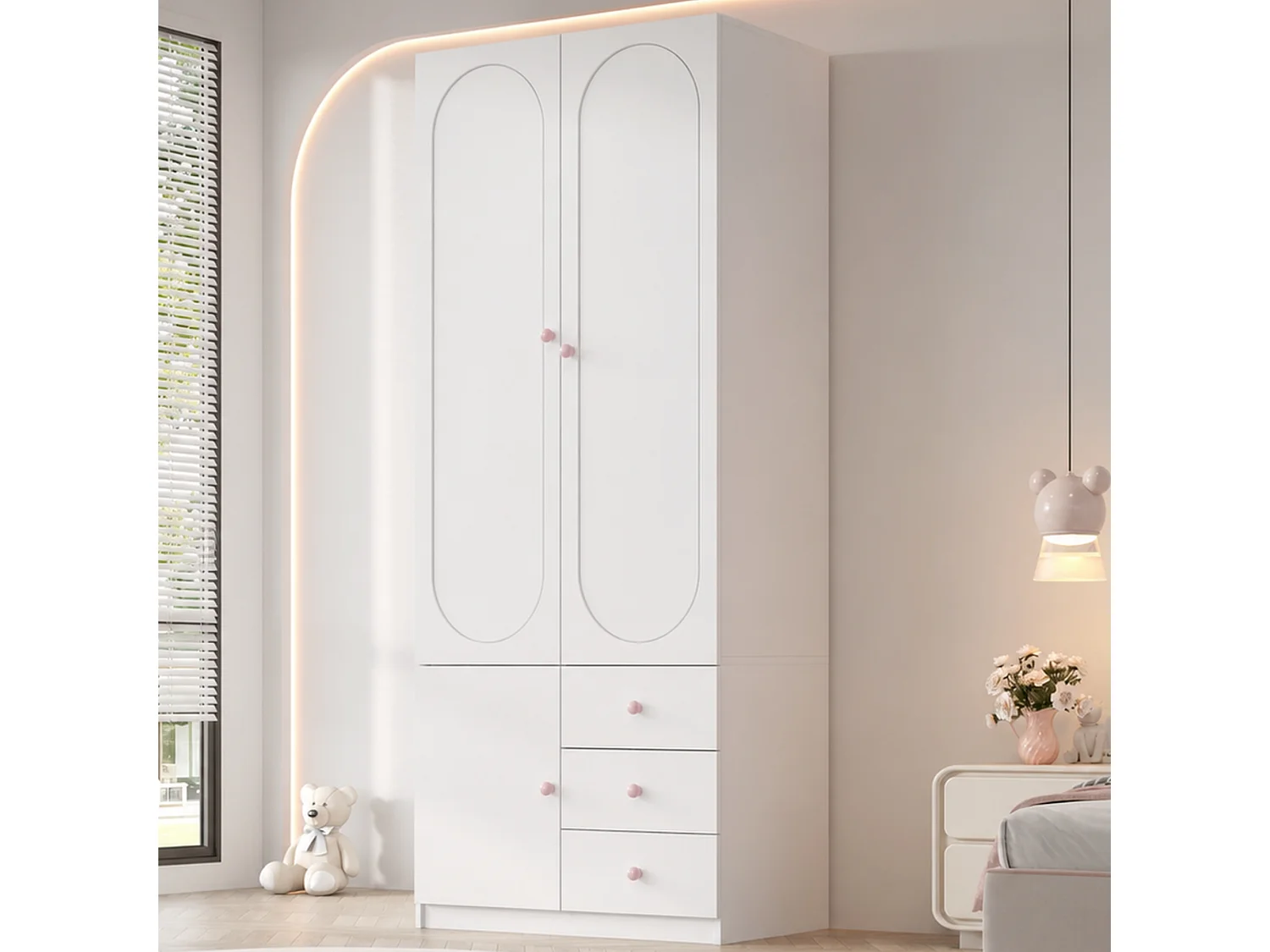 Armoire enfant 80x50x200 cm - Avec penderie - 3 portes et 3 tiroirs - Poignées en céramique rose - Finition laquée - Blanc