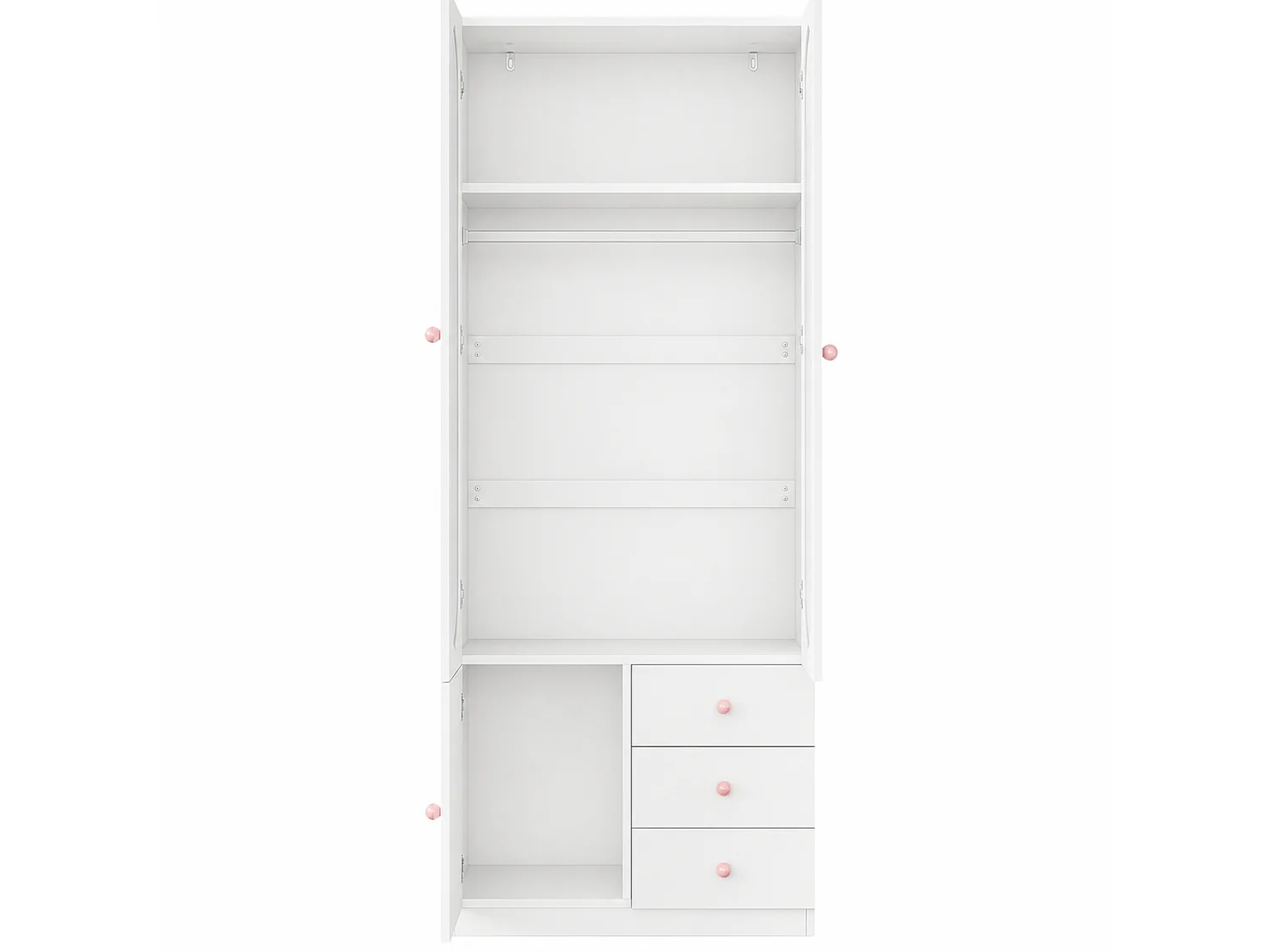 Armoire enfant 80x50x200 cm - Avec penderie - 3 portes et 3 tiroirs - Poignées en céramique rose - Finition laquée - Blanc