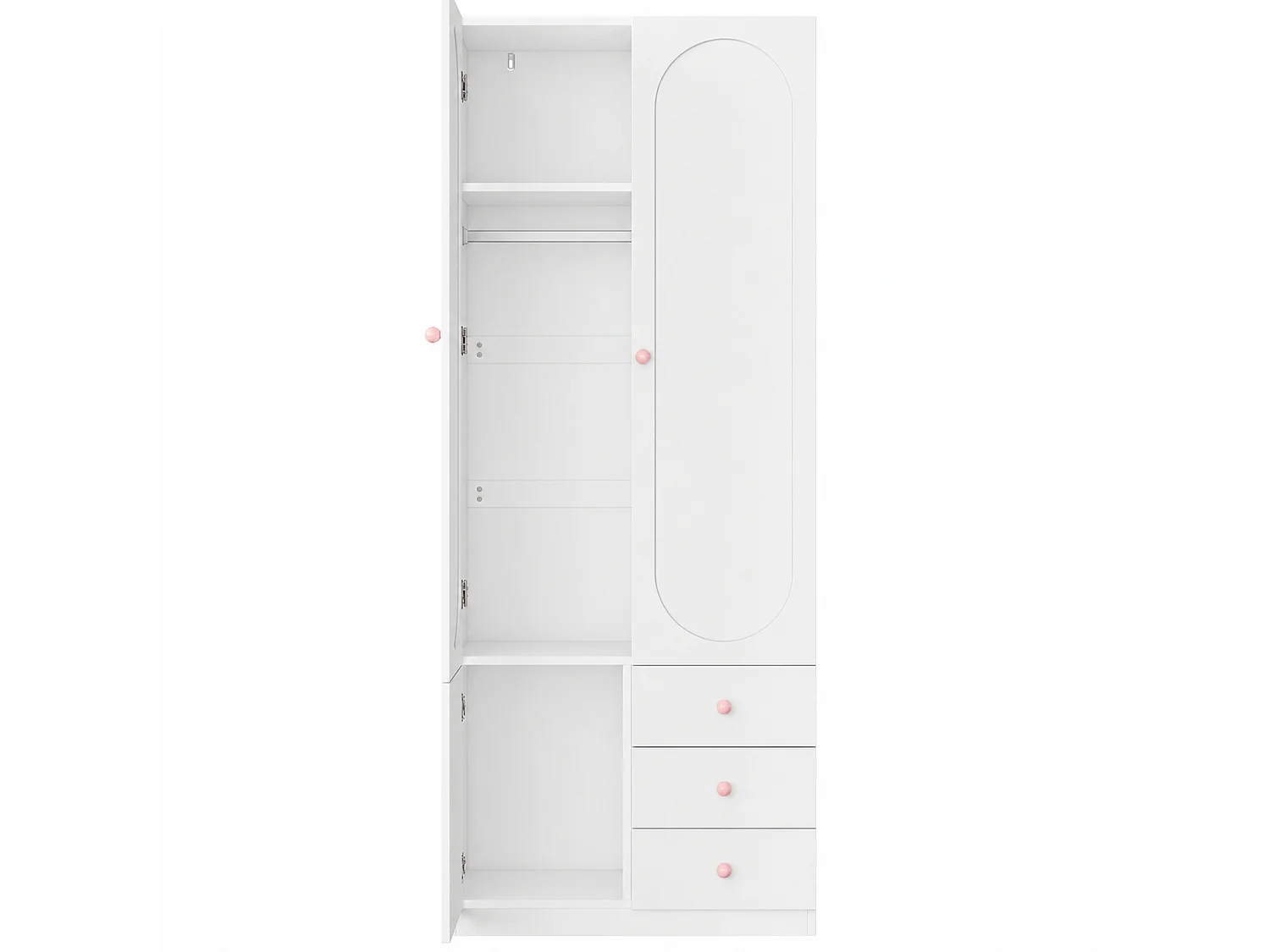Armoire enfant 80x50x200 cm - Avec penderie - 3 portes et 3 tiroirs - Poignées en céramique rose - Finition laquée - Blanc