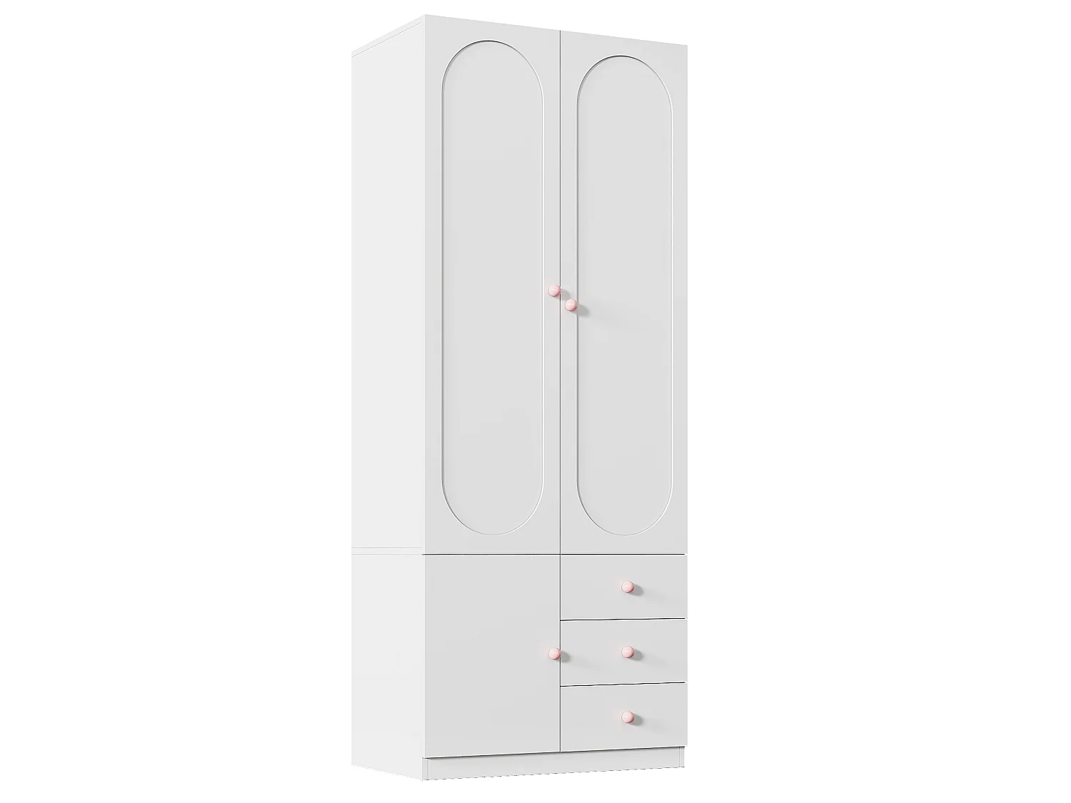 Armoire enfant 80x50x200 cm - Avec penderie - 3 portes et 3 tiroirs - Poignées en céramique rose - Finition laquée - Blanc