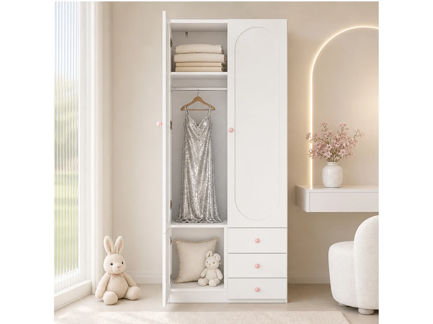 Armoire enfant 80x50x200 cm - Avec penderie - 3 portes et 3 tiroirs - Poignées en céramique rose - Finition laquée - Blanc