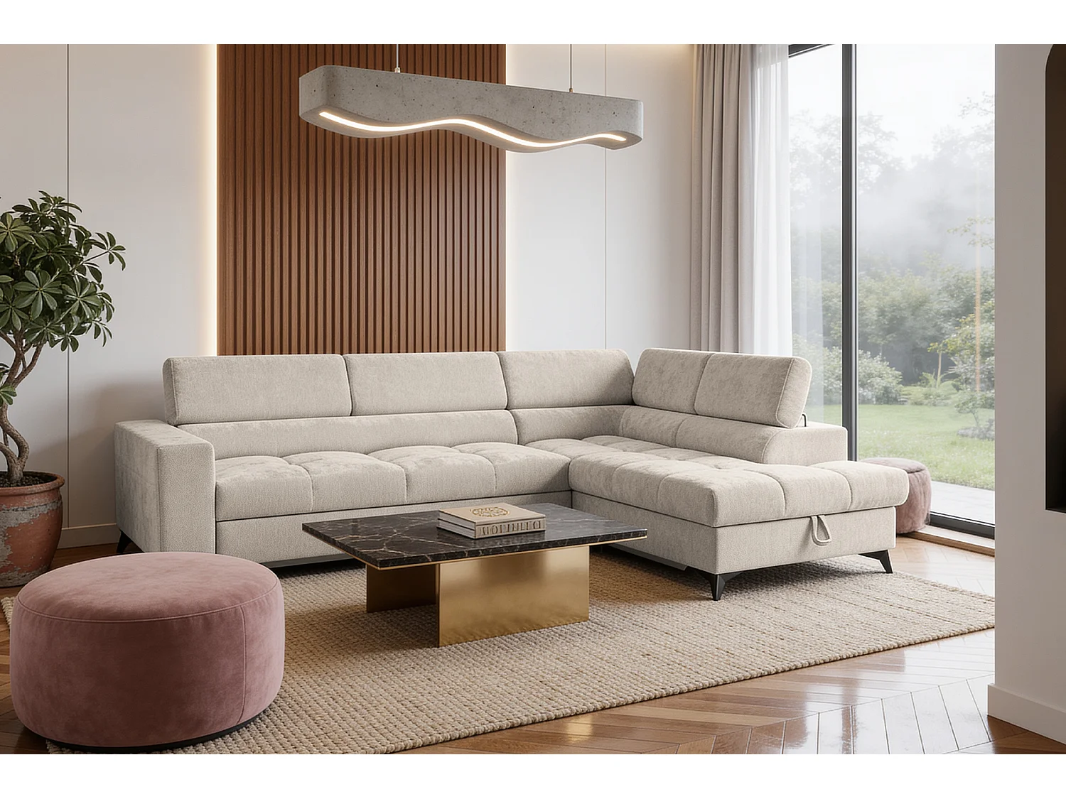 Canapé d'angle droit convertible 5 places tissu chenille beige BEVIANO