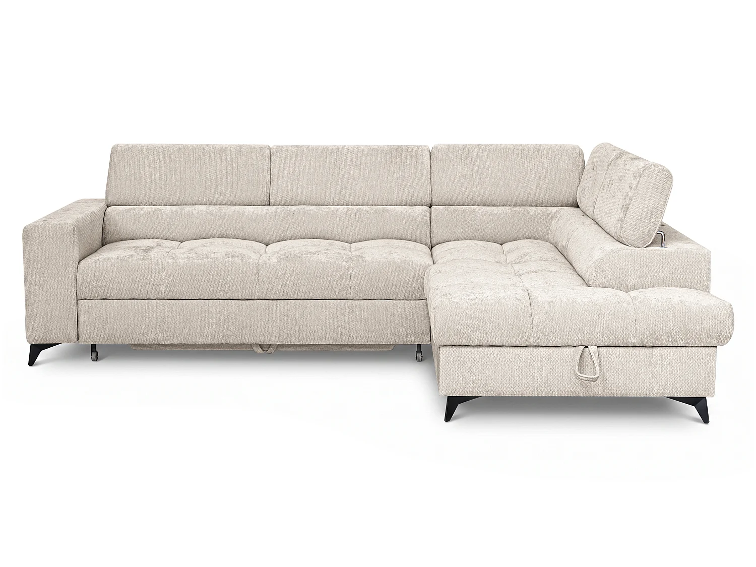 Canapé d'angle droit convertible 5 places tissu chenille beige BEVIANO