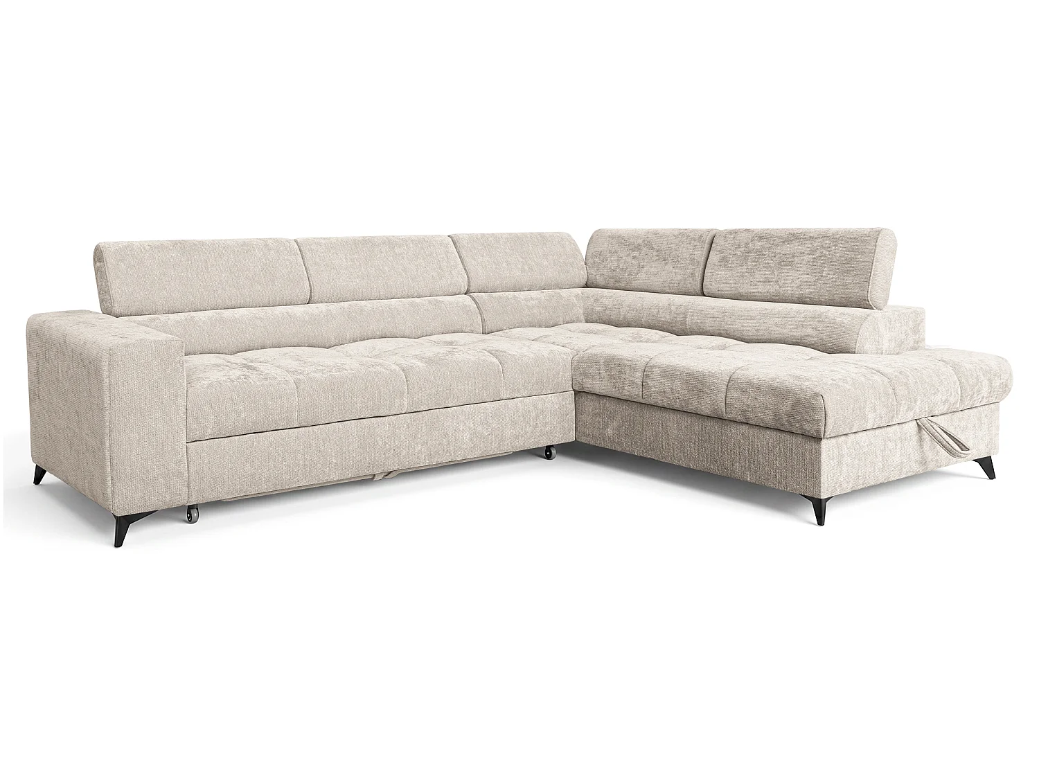 Canapé d'angle droit convertible 5 places tissu chenille beige BEVIANO