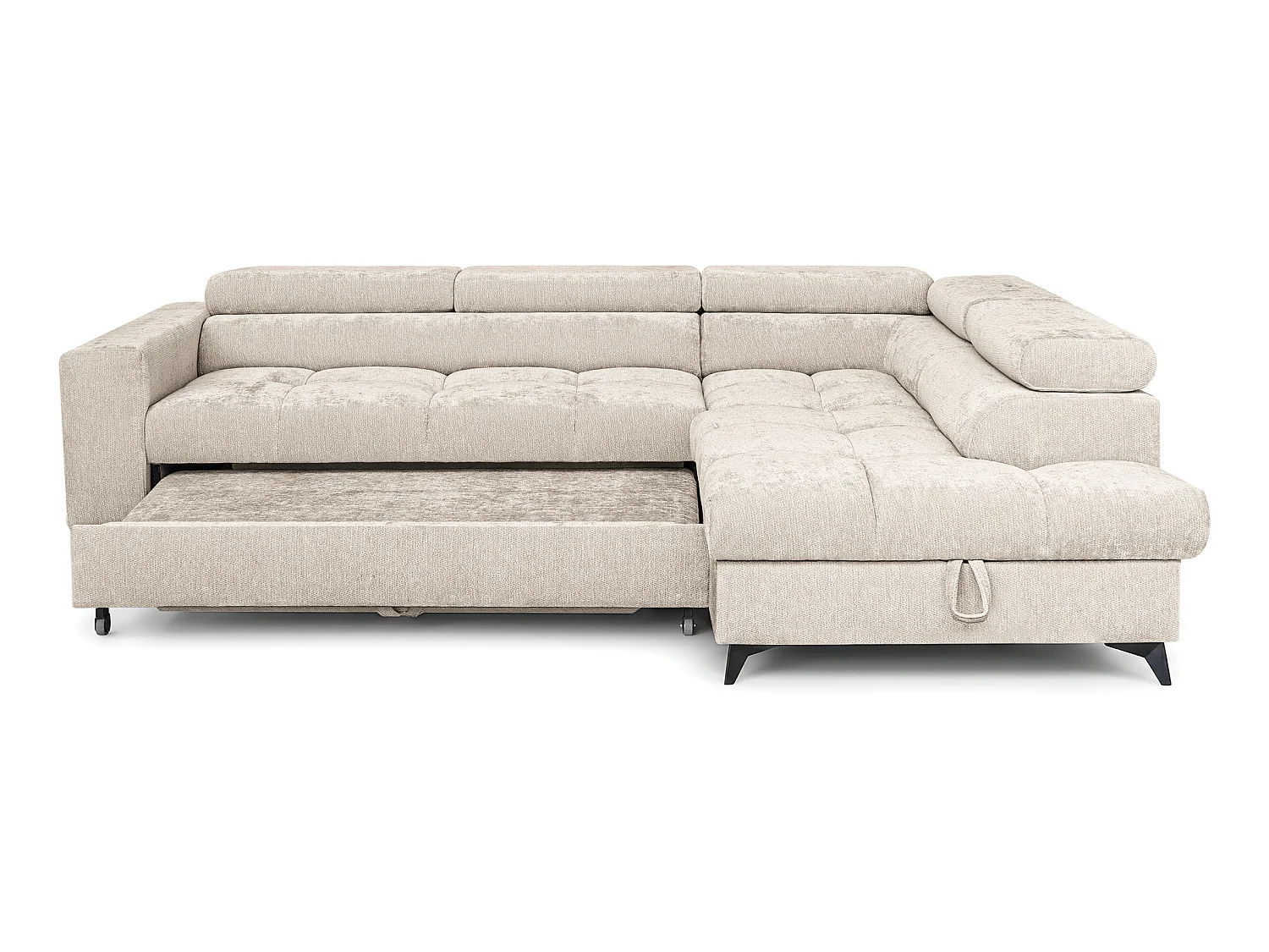 Canapé d'angle droit convertible 5 places tissu chenille beige BEVIANO