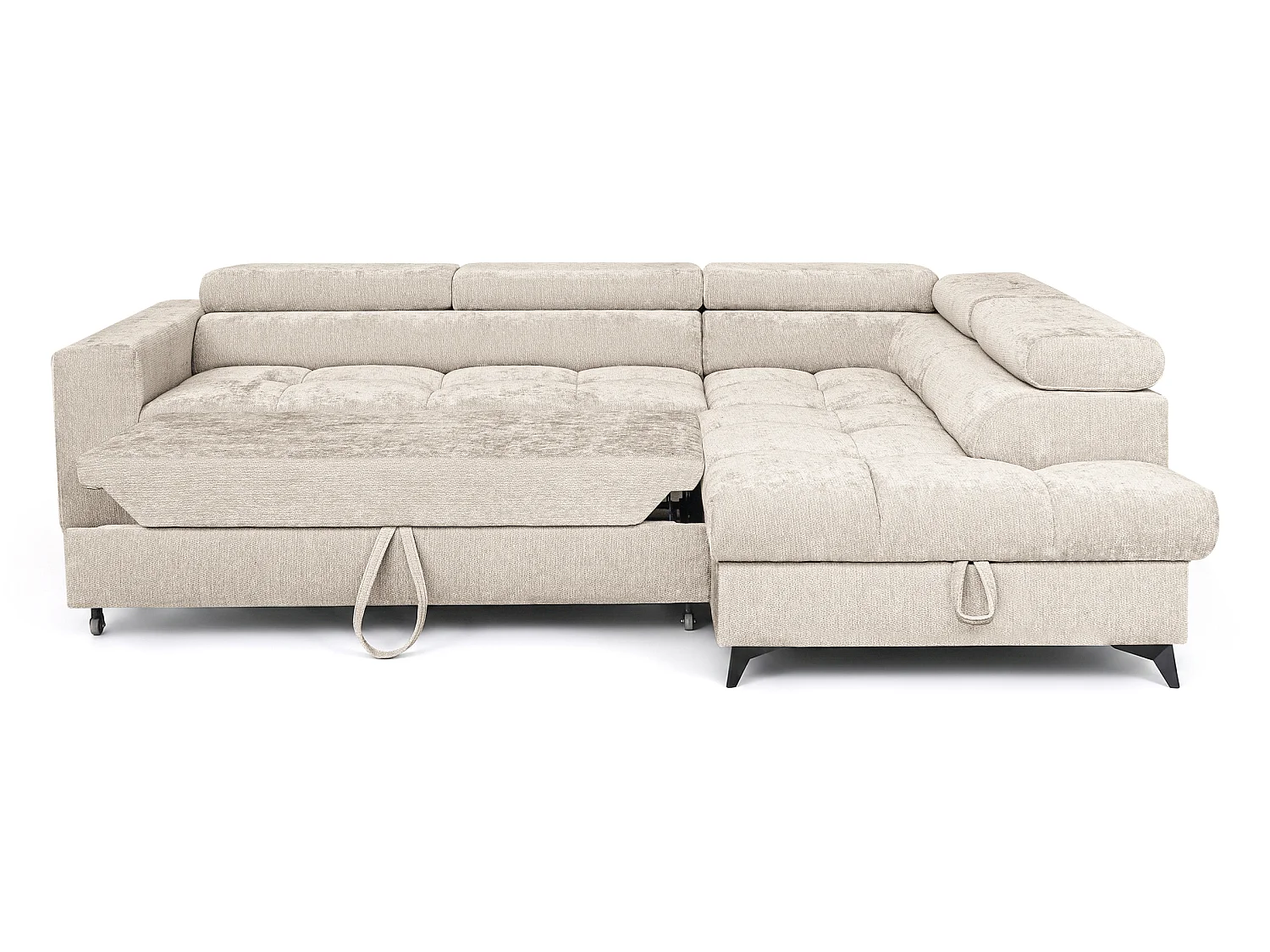 Canapé d'angle droit convertible 5 places tissu chenille beige BEVIANO