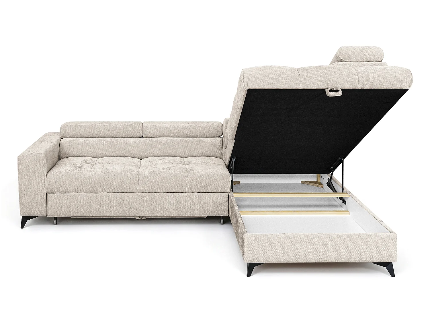 Canapé d'angle droit convertible 5 places tissu chenille beige BEVIANO