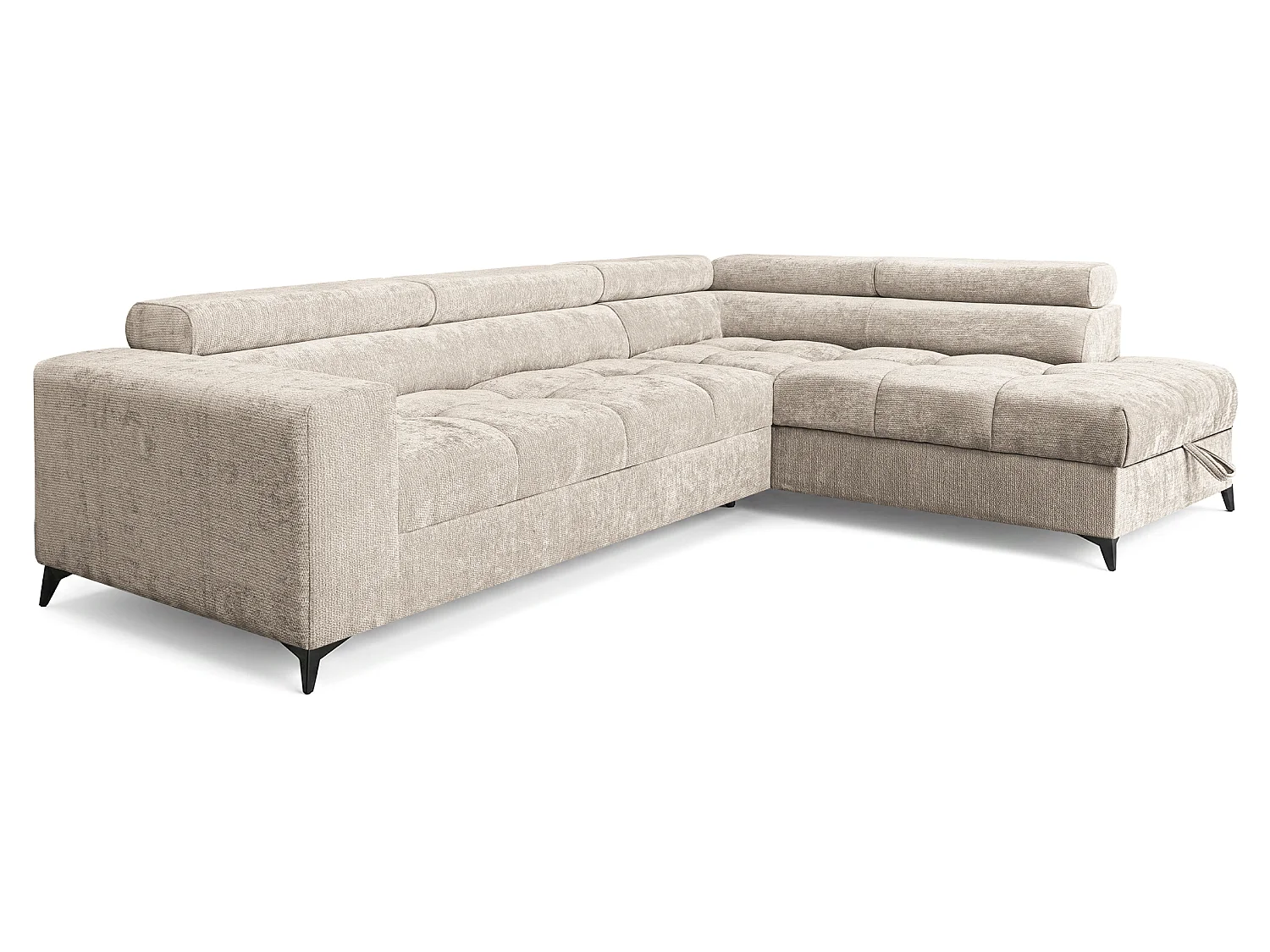 Canapé d'angle droit convertible 5 places tissu chenille beige BEVIANO