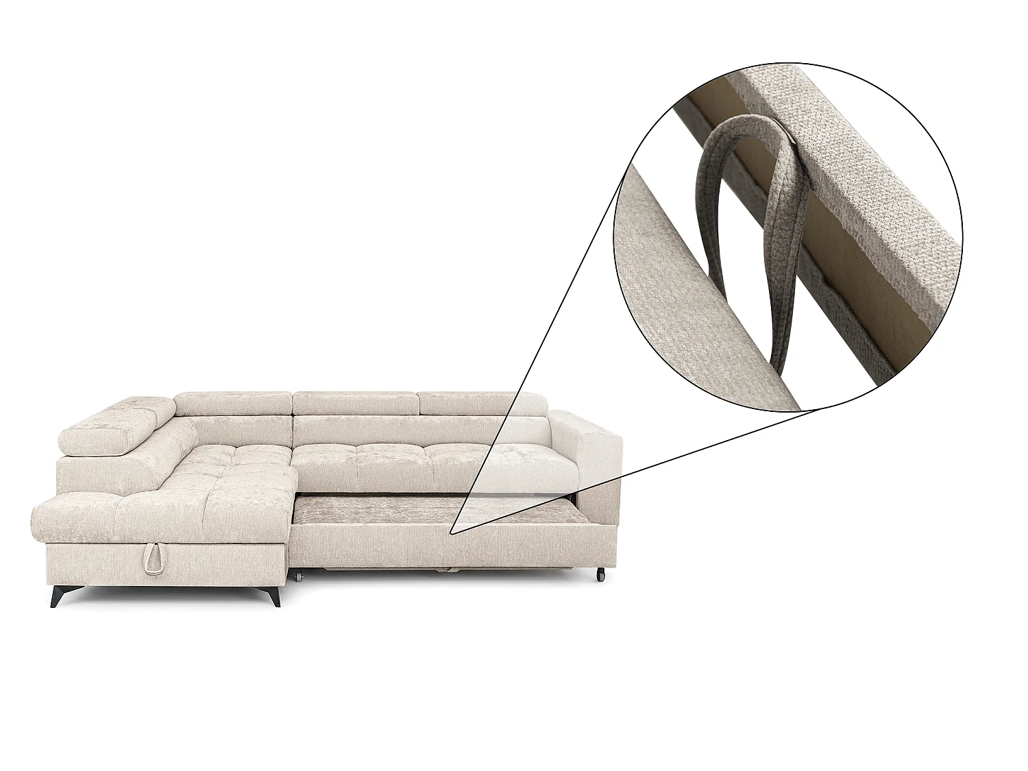 Canapé d'angle droit convertible 5 places tissu chenille beige BEVIANO